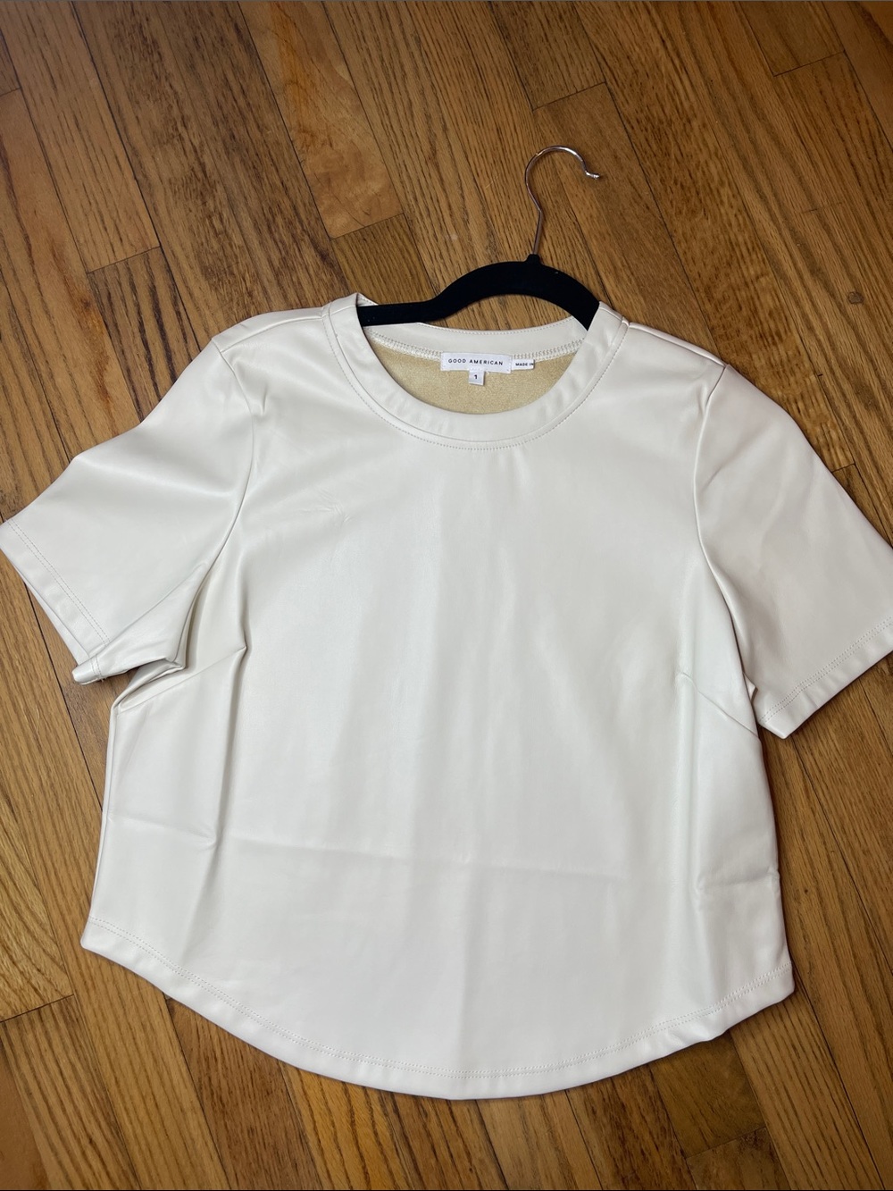 Good American Cream Vegan Leather Short Sleeve Top